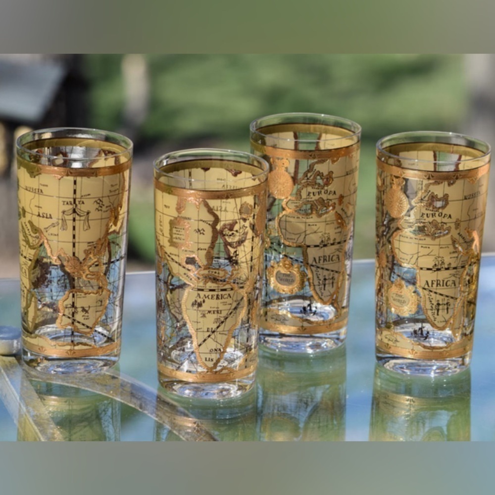 Vintage 1960 22k Gold CERA WORLD MAPS Highball Tumblers Barware Glasses Set Of 4